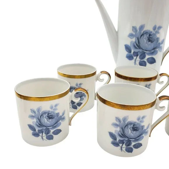 1940s Hackefors Porslin Sweden Coffee‎ Pot Teapot Set Demitasse Blue Floral Gold